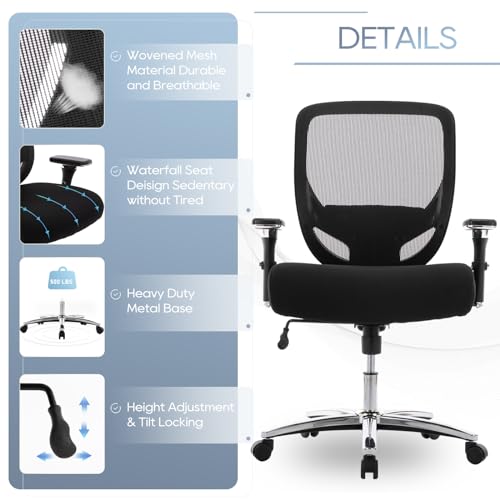 Big and Tall Office Chair 500lbs, Heavy Duty Ergonomic Mesh Chair, Computer Executive Desk Chair with Adjustable Armrest, Lumbar Support-New Black