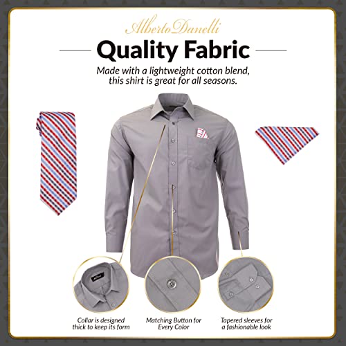 Alberto Danelli Men's Long Sleeve Dress Shirt with Matching Tie and Handkerchief, Small / 14-14.5 Neck -32/33 Sleeve, Canary