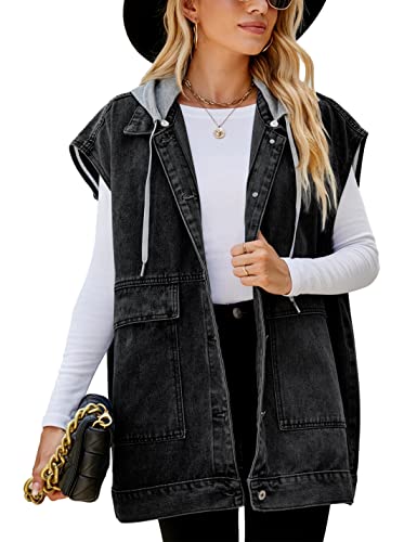 Zontroldy Denim Jean Vest for Women Oversized Sleeveless Button Down Denim Jean Vest Waistcoat Shacket Jacket with Hooded(0170-02Khaki-S)