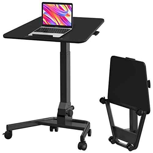 JYLH JOYSEEKER Foldable Mobile Standing Desk, Pneumatic Height Adjustable Rolling Sit Stand Desk, 90° Tiltable Portable Laptop Desk on Wheels, Mobile Desk Workstation for Home Office, Easy to Fold