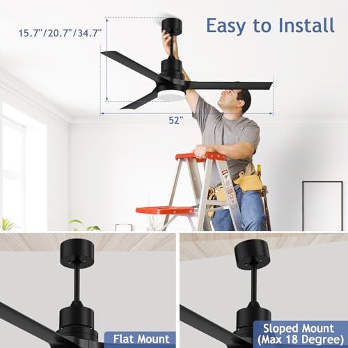 ghicc Ceiling Fans with Lights and Remote, Black Outdoor Ceiling Fan with Remote, 52 inch Modern Fan with Reversible DC Motor for Patio Bedroom