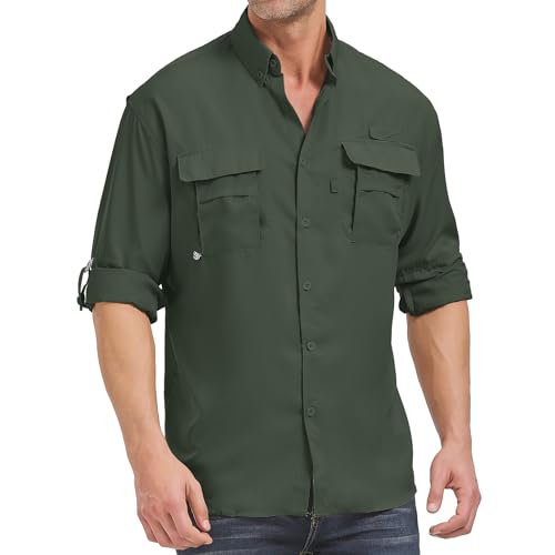 Men’s Long Sleeve Shirts UV UPF 50 Sun Protection Hiking Fishing Safari Shirt Quick Dry Cool Utility Blouse (5052 Army Green S)