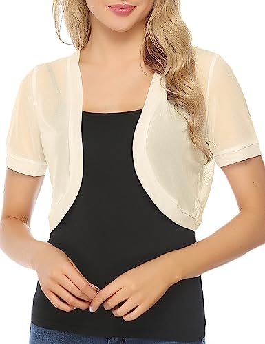 Aiboria Women Short Sleeve Sheer Mesh Shrugs Open Front Bolero Cardigan Red Large