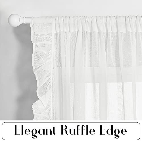 KGORGE White Linen Curtains for Living Room, Linen Blended Sheer Curtain with Shabby Chic Ruffle Trim, Farmhouse Window Curtains & Drapes for Kitchen Bedroom Bathroom, W52 x L84 inch, 2 Panels