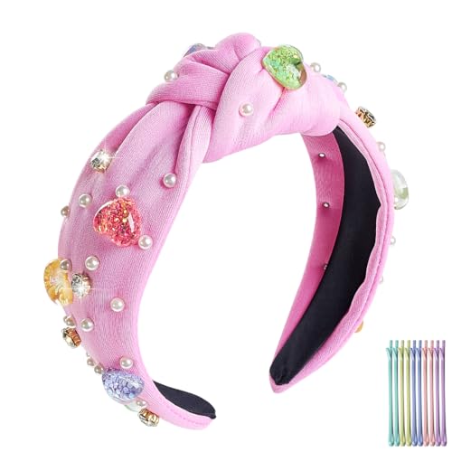 TANOSII Valentine’s Day Knotted Headband for Women Wide Headbands Hair Accessories Jeweled Hairband Letter Heart Rose Red