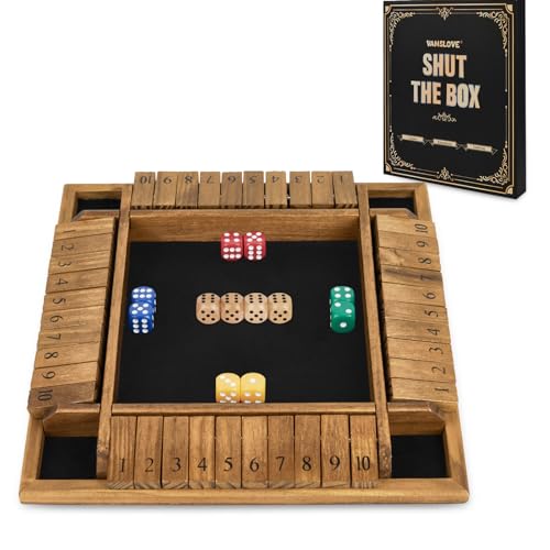 VAMSLOVE Shut The Box Dice Game Wooden Board for 2-4 Player, 4 Sided 10 Numbers Math Games with 8+4 Dices Close The Box for Kids Adults(Instructions Included)