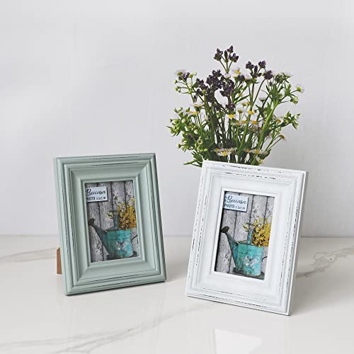 Buecasa Rustic 3.5x5 Inches Wooden Picture Frame Pack of 2 Vintage Cyan and White in Gift Box - Distressed Wood High Definition Glass Photo Frame Outside 6.1x7.7 Inches - 2 Way Display Tabletop or
