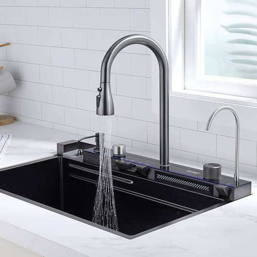 Lefton 29.5"x 18.25" 304 Stainless Steel Kitchen Workstation Sink with Pull-down Faucet, Waterfall & Rainfall Outlet, Temperature Display in Tempered Glass, Grey, KS2206