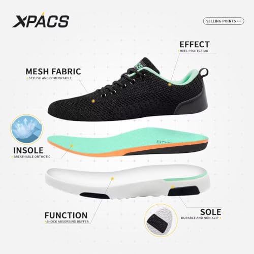 Womens Comfortable Diabetic Sneakers with Arch Support, Great Stylish Orthopedic Walking Shoes for Older Adults, Popular Running Sneakers for Outdoor Athletic Black/Mint Size 6