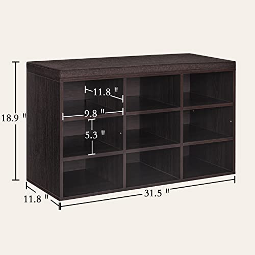 DINZI LVJ Shoe Bench, 9 Cubbies Shoe Organizer for Entryway, Storage Bench with Cushion, Cubby Shoe Rack with Adjustable Shelves for Living Room, Bedroom, Mudroom, Hallway, Espresso