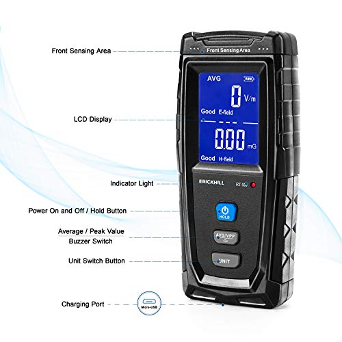 ERICKHILL EMF Meter, Rechargeable Digital Electromagnetic Field Radiation Detector Hand-held Digital LCD EMF Detector, Great Tester for Home EMF Inspections, Office, Outdoor and Ghost Hunting(Blue)