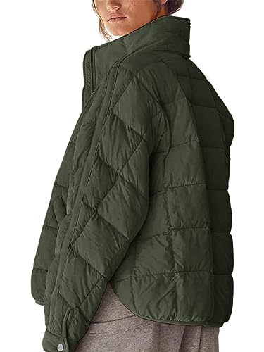 Muchpow Women's Lightweight Down Coat Long Sleeve Full Zipper Oversized Packable Short Puffer Jackets(Army Green,Small)