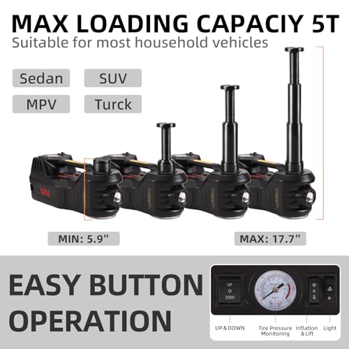 ROGTZ Electric Car Jack kit 5 Ton 12V Car Jack Hydraulic Jack with Impact Wrench and Tire Inflator Pump, Car Lift Floor Jack for SUV Sedans Tire Change with LED Light (Black)