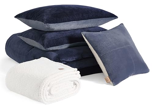 UGG 32531 Remina Twin-Twin XL 4-Piece Comforter Set Luxurious Soft Comforter and Sham with 18 x 18-inch Decorative Throw Pillow and 50 x 60-inch Throw Blanket, Twin/Twin XL, Navy