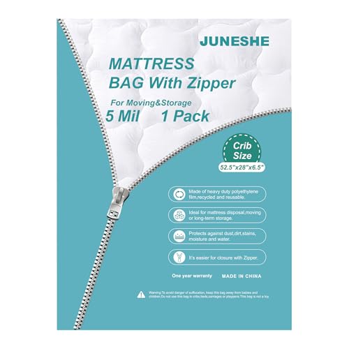 JUNESHE Crib Mattress Storage Bag with Zipper -5 Mil Plastic Waterproof Crib Mattress Bag for Moving and Storage