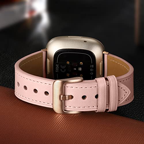 Maledan Compatible with Fitbit Sense/Fitbit Versa 3 Bands for Women Men, Soft Genuine Leather Band Slim Strap Replacement Accessory Wristband for Fitbit Versa 3/Versa 4/Sense 2/Sense SmartWatch, Pink