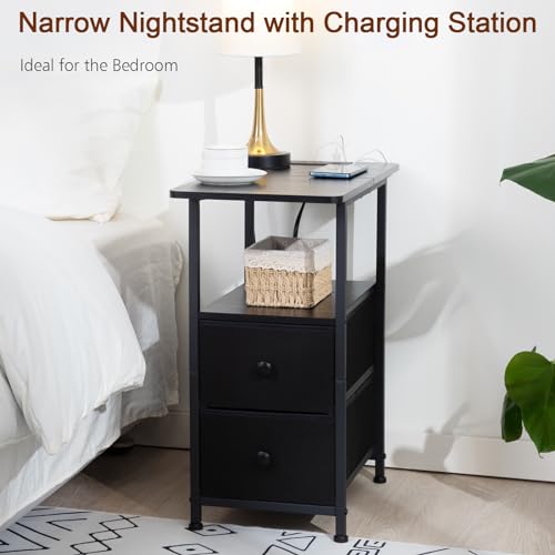 AMHANCIBLE Narrow Nightstand with Charging Station, Slim End Side Table with USB Ports and Outlets, Bedside Table with 2 Fabric Drawers for Bedroom, Living Room, Small Space, Black, HETN012BK-1