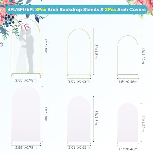 MYSWEETY Set of 3 Metal Arch Backdrop Stand and Cover Set, 4FT/5FT/6FT Wedding Arch Frame, Gold Arch Stand for Birthday, Party, Baby Shower, Ceremony Decor(White)