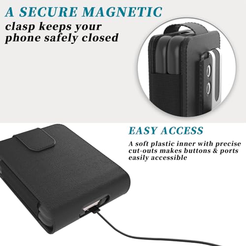 for Motorola Razr 2023 Case,Motorola Razr Plus 2023 Case,Samsung Galaxy Z Flip 5/4/3 Phone Pouch Holster Belt Case, Leather Pouch with Metal Clip for Phone Holster Case for Galaxy Z Flip 5,Black