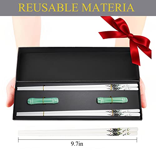 Porcelain Chopsticks and Porcelain Holder,2 Pairs Reusable Chopsticks with Delicate box, Washable and Dishwasher Safe, Ceramic Chopsticks Chinese Japanese Korean Classic Stylish(Green Bamboo)