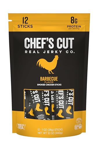 Chef's Cut Smoked Chicken Jerky Meat Sticks, Barbecue Flavor (1 Ounce Stick, Pack of 12) - High Protein, 8g Protein per Serving, 70 Calories, Gluten-Free, Keto Friendly Snack, Low Carb Snack, Individually Wrapped