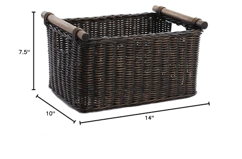 The Basket Lady Pole Handle Wicker Storage Basket, Small, 14 in L x 10 in W x 7.5 in H, Antique Walnut Brown