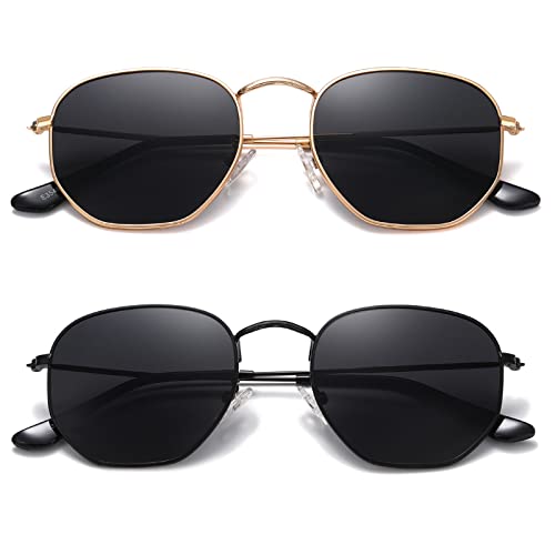 MEETSUN Polarized Hexagon Sunglasses for Women Men Polygon Square Sun Glasses UV400 Protection Metal Frame Black-Gray