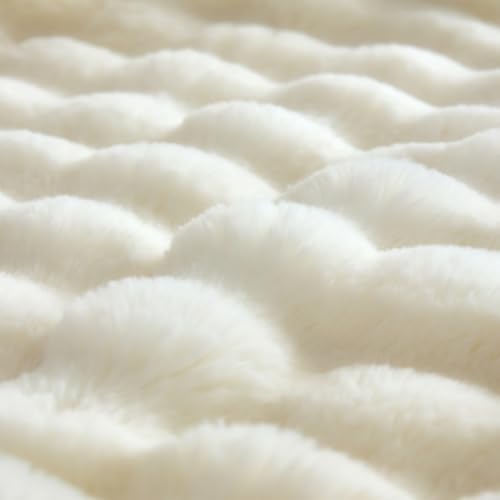 COOVA Faux Rabbit Fur & Flannel Throw Blanket 50x60 Inch - Luxury Fuzzy & Cozy Soft Blanket for All Seasons, Breathable and Comfortable for Bed, Sofa, Couch, and Camping,Ivory White