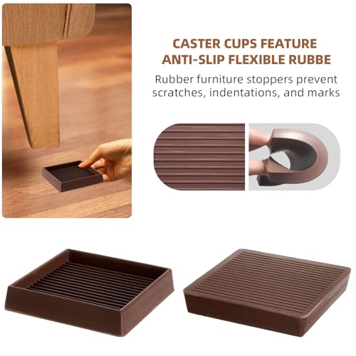 CalPalmy 2X2 Square Rubber Furniture Caster Cups with Anti-Sliding Floor Grip (Set of 8) - Customer Trusted Floor Pads for Furniture Legs and Furniture Floor Protectors