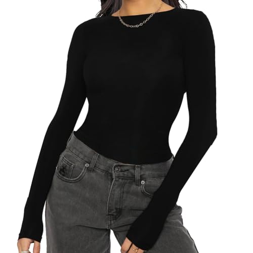 SUPOMAX Basic Long Sleeve Tops for Women Slim Fit Crew Neck Going Out Shirts Trendy Streetwear (US, Alpha, X-Small, Regular, Regular, Black)