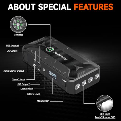 Car Jump Starter, Portable Car Battery Charger for Up to 8.5L Gas & 8.0L Diesel Engines, 12V Car Jump Box with 4 Modes Flashlight, Power Bank Function, Smart Jumper Cables