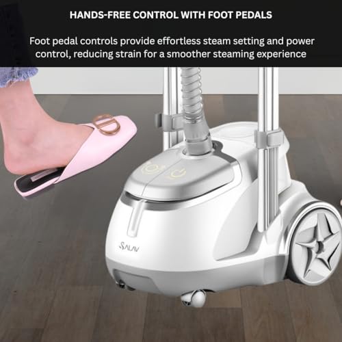 SALAV® Professional Standing Garment Steamer with Retractable Power Cord, Foot Pedal Control, Wheels for Easier Movement (Silver)
