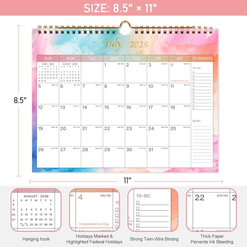 Lbylyhxc Calendar 2025-2026 - Includes July 2025 to December 2026 -18 Monthly Wall Calendar 2026, 11 x 8.5 Inches.Thick Paper with Julian Dates and Block for New Year and Christmas Presents (Wall Calendar 2025-2026 Colorful)