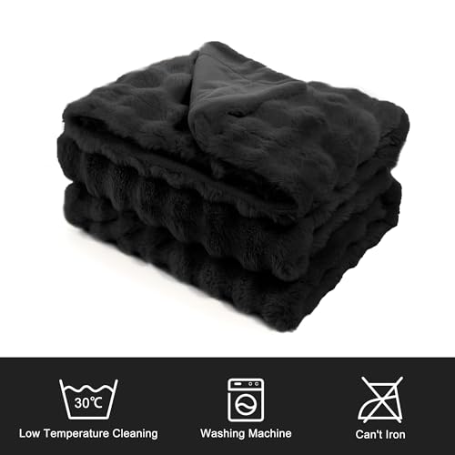 Moenchy Faux Fur Black Throw Blacket for Couch - Super Soft Heavy Flufyy Thick Bubble Throw Blankets for Bed Bedroom Living Room Farmhouse Sofa Chair Fall Winter Warm, 50x60 Inch