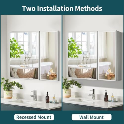 Double Doors Medicine Cabinet with Mirror, 30 inch X 26 inch Aluminum Bathroom Medicine Cabinet, Adjustable Glass Shelves, Waterproof and Rust-Resist, Recess or Surface Mount Installation,Silver