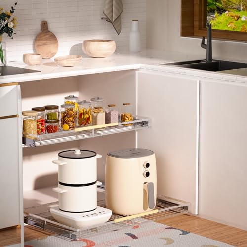 GEDLIRE Expandable Pull Out Sliding Drawers for Cabinets, Heavy Duty Slide Out Cabinet Organizer Basket, Pullout Pantry Shelves for Kitchen, Under Sink, Wardrobe, 10.1"-16.4" W x 17.3" D