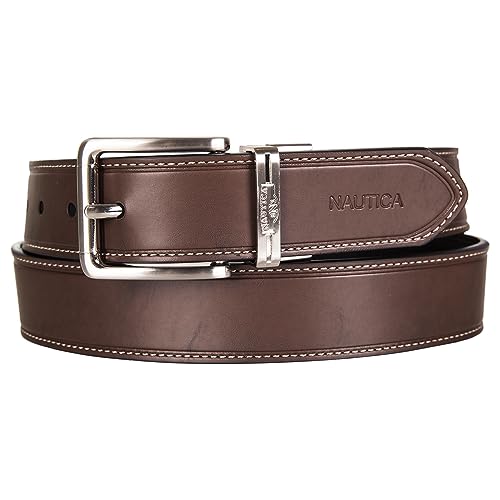 Nautica Men Reversible Leather Casual and Dress Belts with Metal Buckle, Double Stitch-Black/Brown, 44"