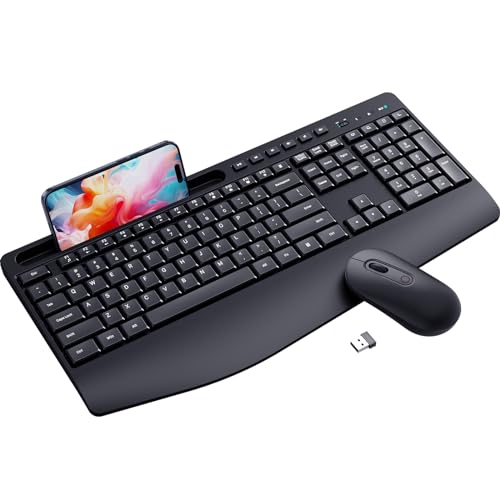 Wireless Keyboard and Mouse Combo,LIZRROT Ergonomic Computer Keyboard with Wrist Rest,2.4GHz Full-Sized Silent Mouse and Keyboard Combo with Phone Holder for Window, PC, Laptop
