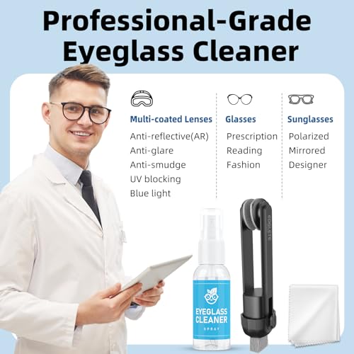Glasses Cleaner Eyeglass Cleaning Kit- Eye Glass Cleaners Spray with Microfiber Lens Cleaner Cloth, Portable Glasses Cleaning Kit for Travel, 100% Safe Eyeglasses Cleaner Tool, No Streaks & Scratch, Black