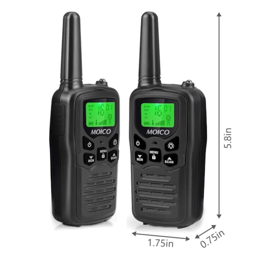 Walkie Talkies, MOICO Long Range Walkie Talkies for Adults with 22 FRS Channels,Family Walkie Talkie with LED Flashlight VOX LCD Display for Hiking Camping Trip (Black 2 Pack)
