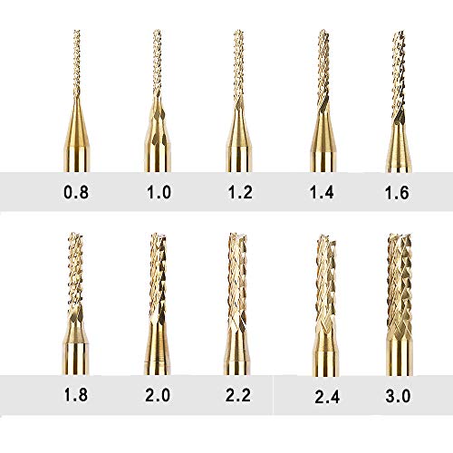 Titanium Coated Engraving Milling Cutter Carbide Bits, 0.8-3mm, 1/8'' Shank, 10 Pieces, for Dremel Rotary Tools