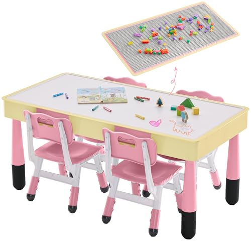 DOREROOM 4 in 1 Kids Table and 2 Chairs Set with Storage, Toddler Tabl