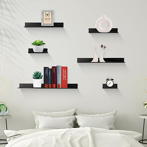 Z metnal Small Floating Shelves, Mini Metal Shelf for Collection Action Figures, Self Adhesive Decor Display Wall Shelf, Aluminum, Wall Mounted, Matt Black, 6 inch, 2 Pack