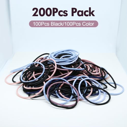 200Pieces Hair Ties, Non-Metallic Hair Elastic Hair Ties tail holders, Women's and Girls' tail Hair Ties,hairtieshair ties bulk,tails hair ties (100Pieces Black, 100Pieces Colorful, 2MM)