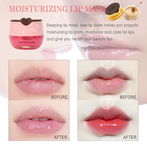 Deepmind 2 PCS Bee Lip Balm Lip Mask Honey Pot, Honey & Strawberry Lip Mask Propolis Moisturizing Lip Balm with Stick - Hydrating Prevention Dry and Cracked Lip Scrubs Exfoliato Lip Wrinkle Care