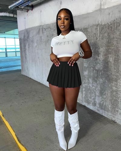 Womens Mini Pleated Skirts, Cargo Tennis Stretchy Skirt Y2k Skater Skirt Girl Sexy A-Line Club School Skirt Black