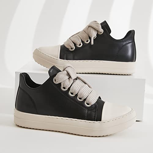 MOFEEDOUKA Womens Low Top Sneakers Thick Shoe Laces PU Leather Platform Comfort Walking Shoes Black
