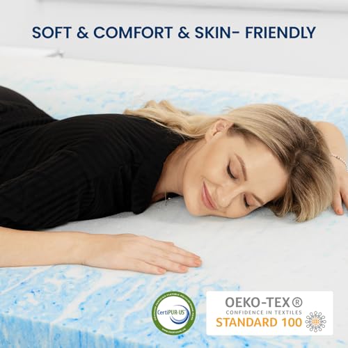 Memory Foam Mattress Topper Twin 2 Inch - Flexpedic Cooling Gel Foam Mattress Topper Twin Pad for Back Pain Relief - Ventilated and Breathable - CertiPUR-US Certified - Soft & Blue