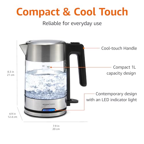 Amazon Basics Electric Kettle with Glass Carafe for Tea and Coffee, BPA-Free, Fast Boiling, Auto Shut-Off, 1.1 Quarts, 1500W, Glass and Steel