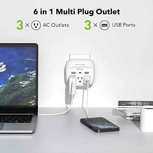 BN-LINK Multi Plug Outlet Extender with 3 Outlets and 3 USB Ports, 3 AC Outlet Splitter with 3 USB Ports (1 USB C), Wall Charger Adapter for Dorm, School, Travel, Office, Home, Travel, 1 Pack